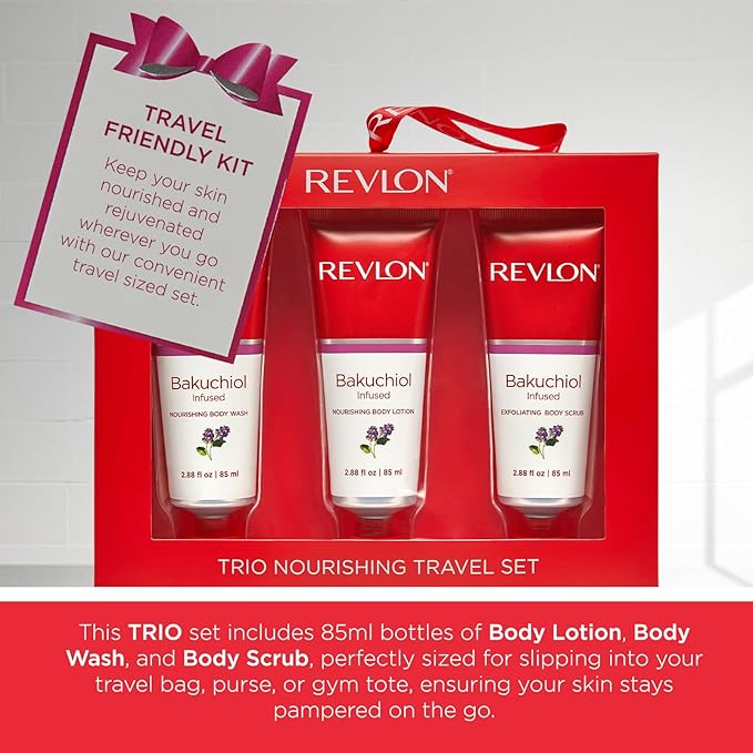 REVLON Get Carried Away Trio Nourishing Travel Set, Bakuchiol Infused, Nourishing Body Wash, Body Lotion, Exfoliating Body Scrub, 3 Count (2.88 fl oz)