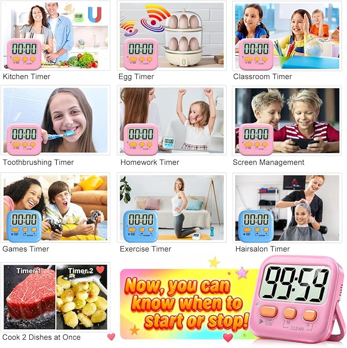 Antonki 2 Pack Digital Timer for Kids, Magnetic Countdown Kitchen Timers for Cooking, Egg, Classroom, Teacher, Exercise, Study, Oven - Battery Included