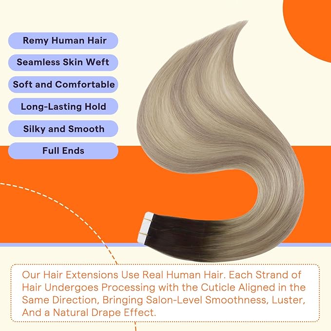 Full Shine Tape in Extensions Color 2 Fading to 18 Ash Blonde Highlight 60 Balayage Human Hair Extensions Tape ins 22 Inch Tape Extensions Human Hair 50g Tape Ins Human Hair Extensions 20PCS