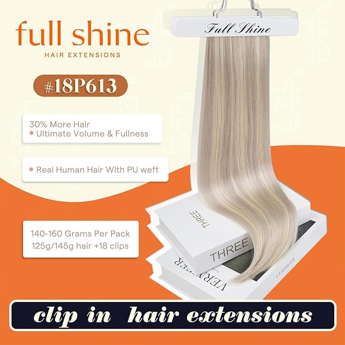 Full Shine Clip in Hair Extensions 18 inch 140g 8Pcs Seamless Hair Extensions Clip in Ash Blonde Highlight Bleach Blonde Remy Hair Clip ins for Women