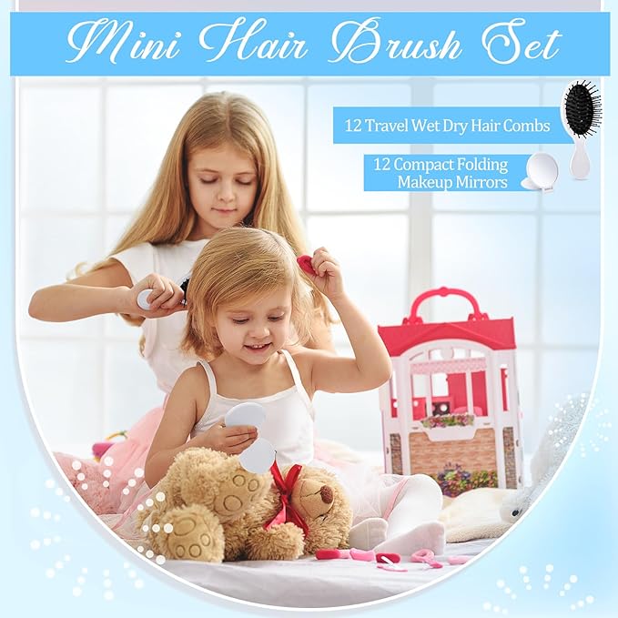 Meanplan 24 Pcs Mini Hair Brush Set 12 Travel Wet Dry Hair Combs Pocket Detangling 12 Compact Folding Makeup Mirrors for Spa Sleepover Birthday Bridal Shower Bachelorette Christmas Party Gift(White)