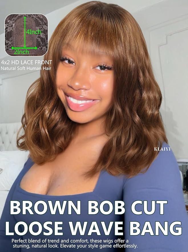 KLAIYI Brown Bob Wig Human Hair with Bangs Loose Body Wave Glueless 4x2 HD Transparent Lace Closure Chestnut Chocolate Brown with Highlight Blonde Ready to Wear and Go Beginner Wigs Pre Plucked 10Inch