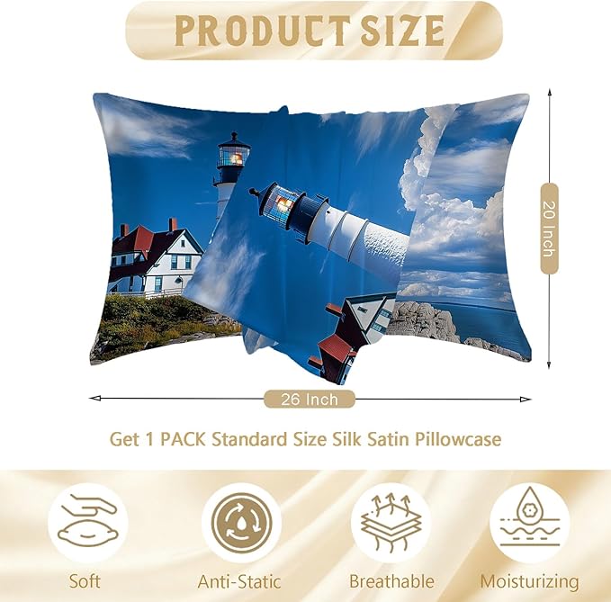 1 Pack Satin Pillowcase for Hair and Skin Lighthouse by The Sea Imitation Silk Pillowcase with Hidden Zipper Soft Breathable Pillow Cover Standard Size for Bedroom Sofa 20”x26”