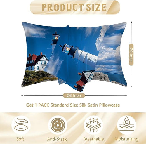 1 Pack Satin Pillowcase for Hair and Skin Lighthouse by The Sea Imitation Silk Pillowcase with Hidden Zipper Soft Breathable Pillow Cover Standard Size for Bedroom Sofa 20”x26”