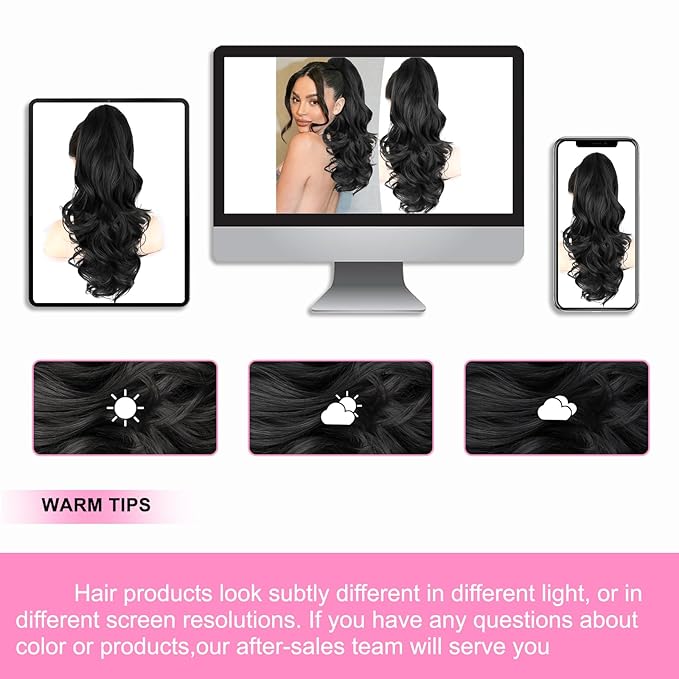 ALXNAN Ponytail Extension,18 Inch Claw Clip in Long Curly Wavy Black Ponytail Hair Extension Jaw Clip on Pony Tails Hairpiece for Women