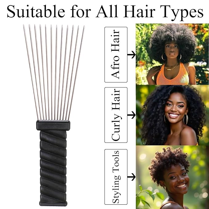 COOKOO 2 Pack Metal Afro Hair Styling Combs Curly Hair Styling Wide Tooth Afro Pick Hairdressing Styling Tool Classic Black Handle Design for Women and Men