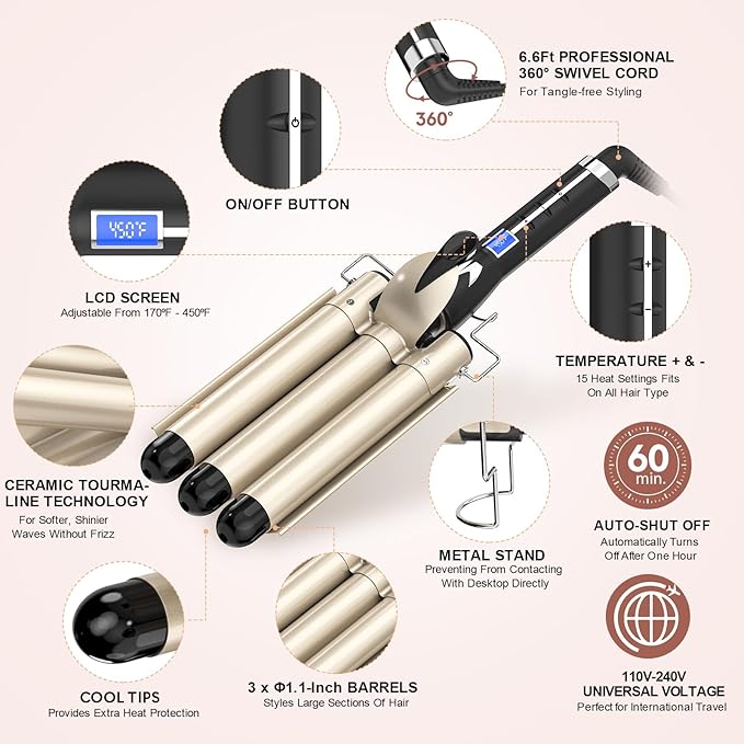 Three Barrel Curling Iron 1.1 Inch for Soft Mermaid Waves, AIMERVO Hair Crimper 15 Adjustable Heat Settings with LCD Temperature Display, Tourmaline Ceramic Deep Waver Includes Heat Resistant Glove