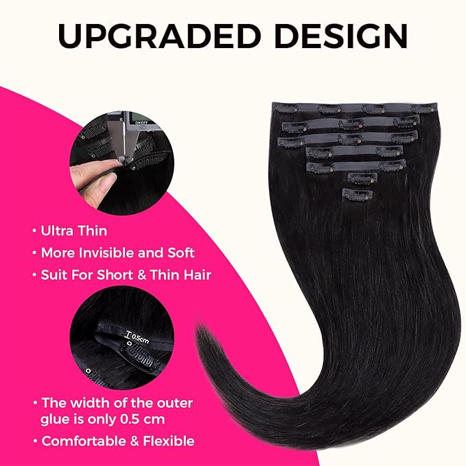 Lashey Seamless Clip in Hair Extensions Human Hair #1 Jet Black Light Yaki Straight Clip in Hair Extensions Real Human Hair 7pcs 110g 22 Inch PU Weft Natural Hair Extension for Women
