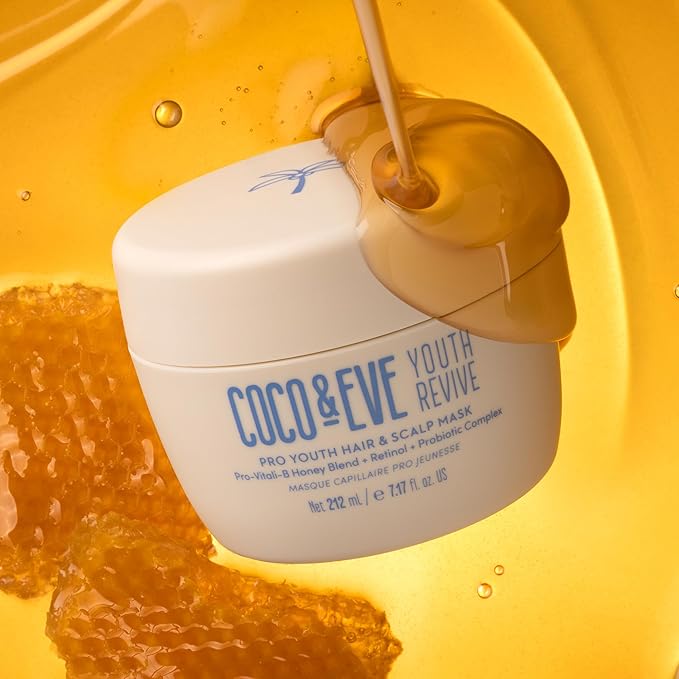 Coco & Eve Pro Youth Hair & Scalp Mask. Anti-aging, strength, shine, volume. Regulate dandruff. With honey, retinol for youthful hydrated hair.