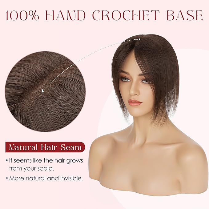 Human Hair Topper with Bangs for Women, 360° Cover Clip in Curtain Bangs Hair Toppers Hair Piece Dark Brown-3.15x4.33 Hand-tied Base (Dark Brown)