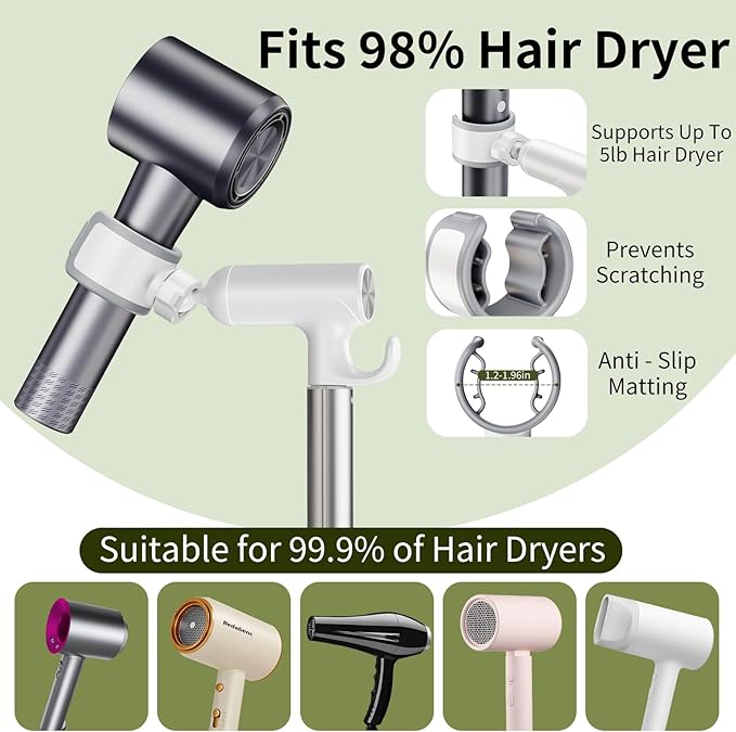 Hands Free Adjustable Hair Dryer Stand, 17-51in Height & 360° Swivel, for Countertop and Floor Use, Heavy-Duty Blow Dryer Holder with Hook, Fits Most Hair Dryers for Home, Vanity, Bathroom