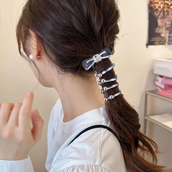 4PCS Bow Spiral Hair Ties with Colored Beads, 4 Colors Bowknot Bead Phone Cord Ponytail Holders for Women, Elegant Rubber Hair Coils, Stylish Hair Accessories for Party, Daily Use
