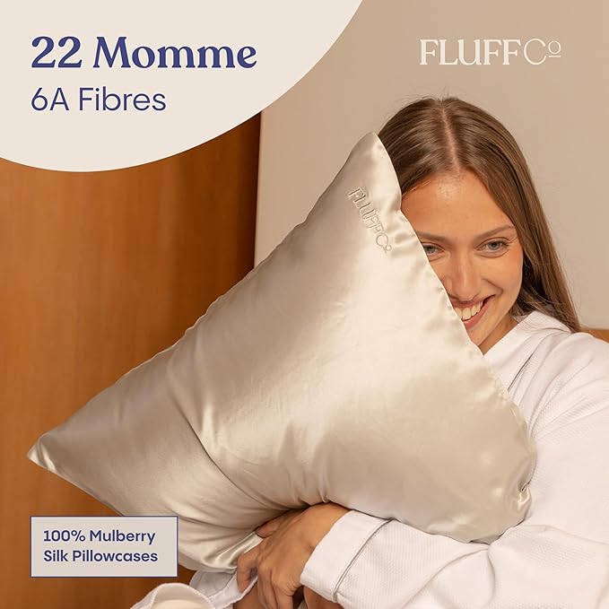 FluffCo 100% Pure Mulberry Silk Pillowcase - Queen Size | Luxurious Cooling Pillowcase for Hair & Skin Care | 22 Momme Natural Silk Body Pillowcase for Standard US Bedding (White)