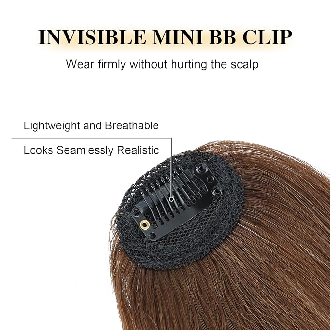 BOGSEA Bnags Hair Clip- Medium Brown Fake Bangs 100% Real Human Hair Extensions Wispy Bangs for Women Fringe with Temples Hairpieces Curved Bangs for Daily Wear（Medium Brown Wispy Bangs）