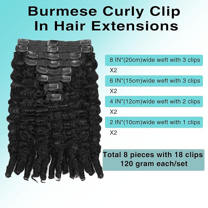 Burmese Curly Clip In Hair Extensions Real Human Hair 8pcs 120g/Set Spirally Curly Classic Clips Ins Full Head For Black Women 16 Inch Natural Black