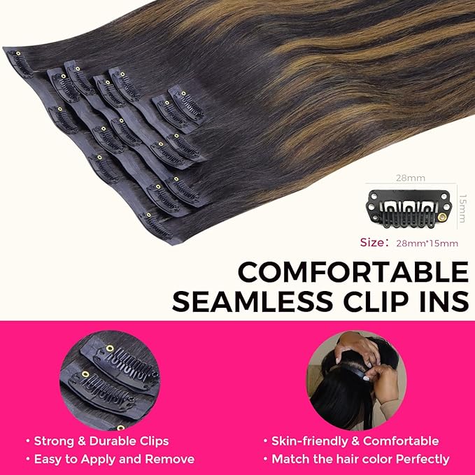 Lashey Seamless Clip in Hair Extensions Human Hair Natural Black Mixed Chestnut Brown 24 Inch Long Clip in Hair Extensions 110g 7pcs Straight Real Human Hair for Black Women