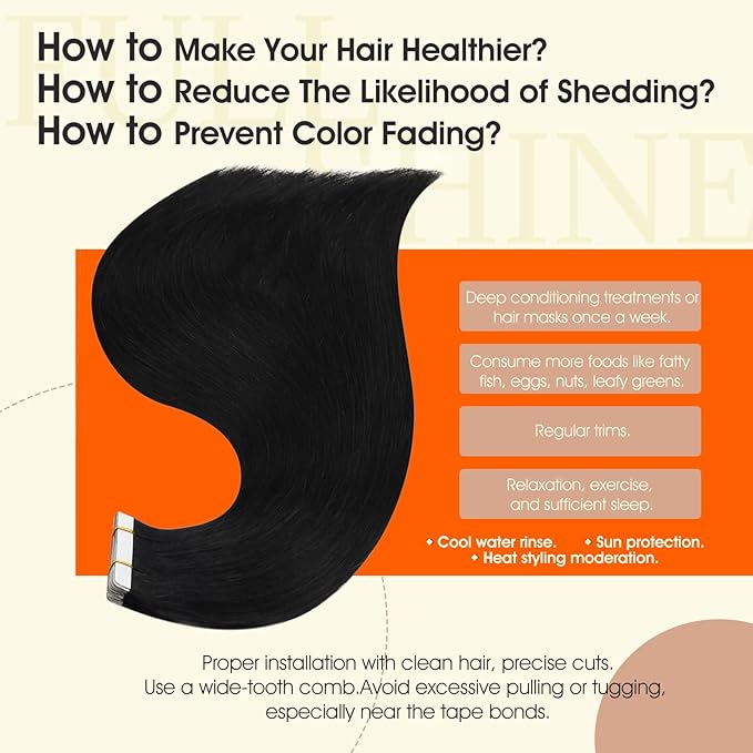Full Shine Straight Tape in Hair Extensions Human Hair Color 1B Off Black Tape in Extensions 24Inch Brazilian Remy Skin Weft Seamless Invisible Extension for Daily Office Look 100G 40Pcs