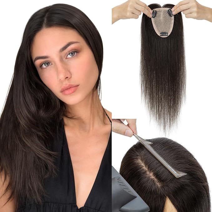 Hairro Human Hair Toppers Free Parted, 3.5x4.7" Base Hand-wovened 100% Real Hairpieces, with Invisible Clips-in for Women, for High Hairline/Adding Volume on Top, 10 Inch Light Natural Black