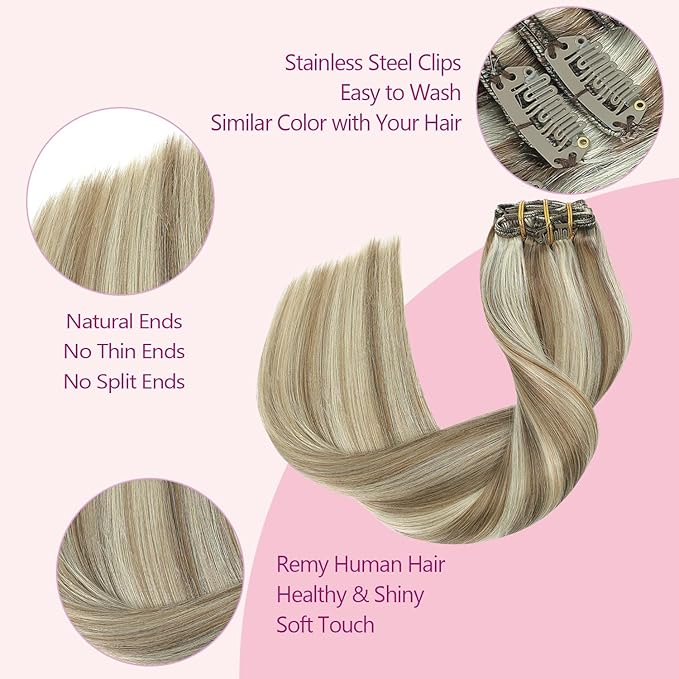 PINKPEARL Clip in Hair Extensions Straight Human Hair #8P60 Ash Brown Highlighted Platinum Blonde Clip in Extensions Remy Real Human Hair Extensions 7pcs 120g 16 Inch(#8P60-16)