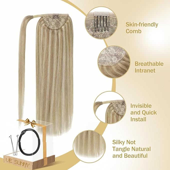 Ve Sunny Hair Extensions Ponytail Real Human Hair Wrap Around Clip in Ponytail Hair Extensions Straight Extensions Human Hair for Women Dark Golden Blonde Highlights 18inch 80G