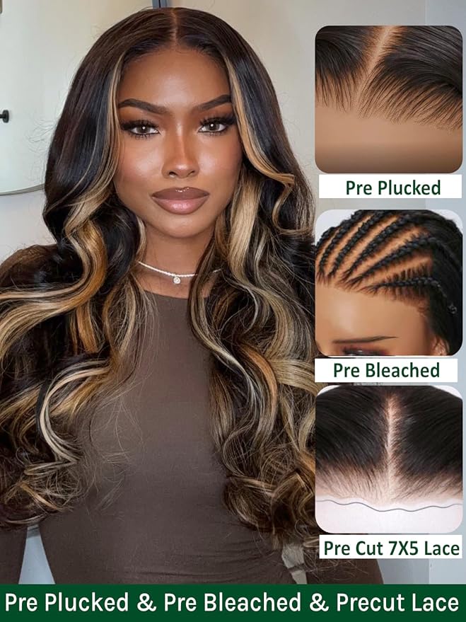 KLAIYI Ombre Highlight Blonde Loose Body Wave Bye Bye Knots Glueless Wigs Human Hair 7x5 Precut Lace Front Pre Plucked Bleached Ready to Wear Go Wig with Face Framing Curtain Bang Caramel Brown 16Inch