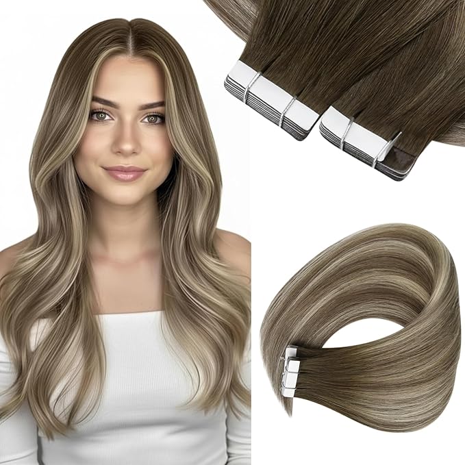 Sunny Hair Tape in Hair Extensions Human Hair,Balayage Brown with Blonde Hair Extensions Tape in 20 Inch Real Human Hair Tape in Extensions 40Pcs 100g