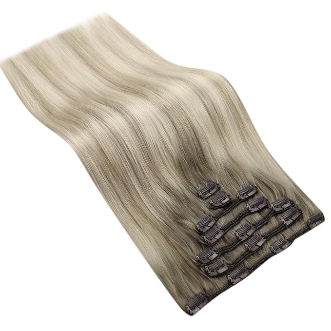 Ve Sunny 24 inch Clip in Hair Extensions Ash Grey Balayage Platinum Blonde Human Hair Clip in Extensions Straight Ombre Full Head Hair Remy Human Hair 7pcs 120g