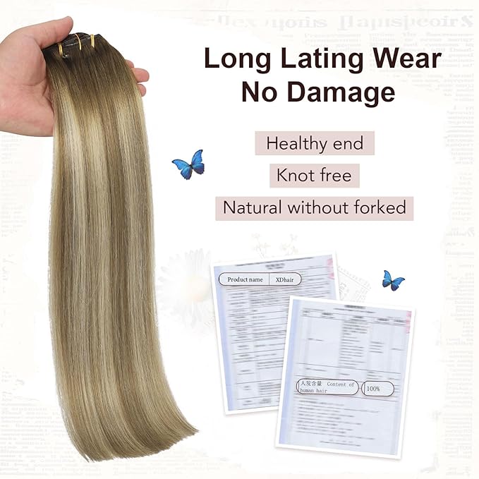 XDhair Clip in Hair Extensions Human Hair 120g 20 Inch 6pcs Balayage Color 3 Darker Brown to 8 Ash Brown and 22 Golden Blonde Double Drown Clip in Hair Extensions(20”, 3/8/22)