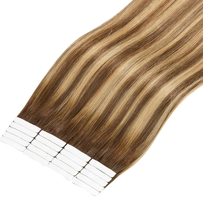 Lacer Tape in Hair Extensions Human Hair Straight Chocolate Brown to Strawberry Blonde Highlights with Chocolate Brown Roots Hair Extensions Tape in R#4-4/27 20 Inches