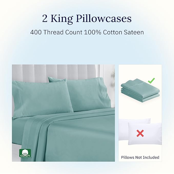 California Design Den Soft King Size Pillow Cases, 100% Cotton Set of 2, Cool & Smooth, 400 Thread Count, Sateen Pillow Cases (Teal)