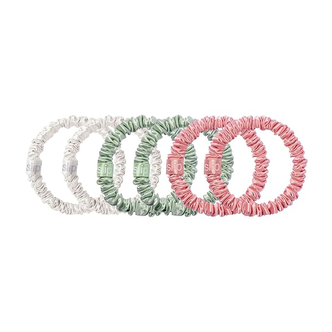Bellerose Silk Skinny Scrunchies - 100% 22 Momme Mulberry Silk Hair-Friendly Elastic Set (6 Luxurious Scrunchies for Women)