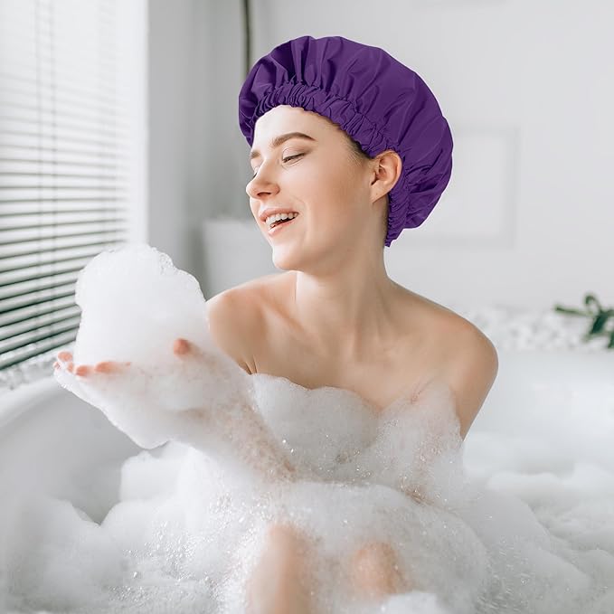 Reusable Shower Cap for Women, Stylish Large Waterproof Shower Bonnet Washable Wide Elastic Band Hair Cap for Long Hair, Braids Bath Hat(Dark Purple)