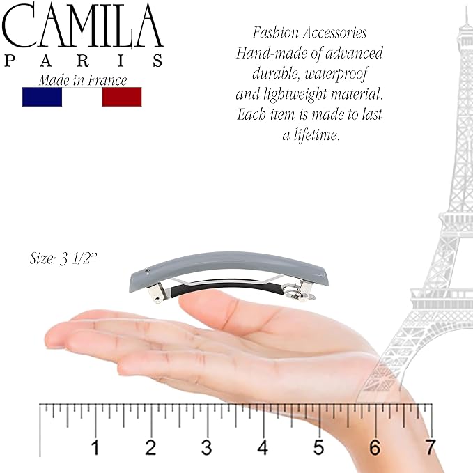 Camila Paris CP3453 French Hair Barrette Clip for Girls Gray, Rubberized Metal Clasp Strong Hold Grip Hair Clips for Women, No Slip Durable and Styling Girls Hair Accessories, Made in France