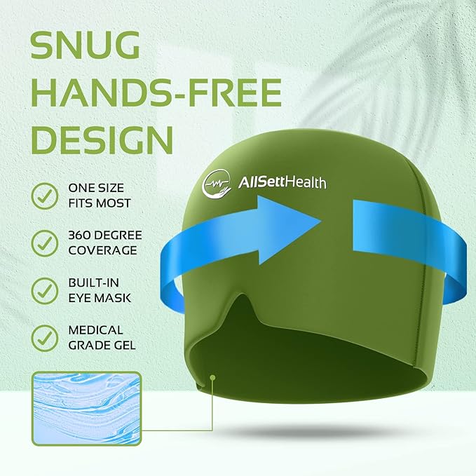 Migraine Relief Cap Ice Head Wrap Headache and Migraine Hat | Headache Relief with Hot/Cold Gel Head Ice Pack with Face and Eye Headache Mask Compress - Green