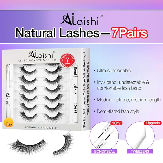 Wispy False Eyelashes Kit With Bond, Seal and Tweezer, 7 Pairs Natural Look Fake Cat Eye Lashes Strips Thin Band Extensions Waterproof Easy Eyelashes for Beginners RQ10