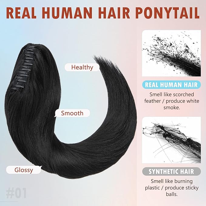 Hairro Clip On Ponytail Hair Extensions Jaw On Claw Clip Ponytails Real Hair Long Jaw/Claw Pony Tail With Clips Hairpieces For Women 18 Inch 115g #01 Dark Black