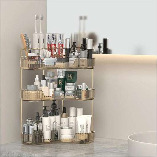 Corner Bathroom Counter Organizer with Top Toothbrush Holders, 3-Tier Make Up Organizers for Vanity with Brush Holder, Corner Storage for Bathroom, Kitchen, Dresser