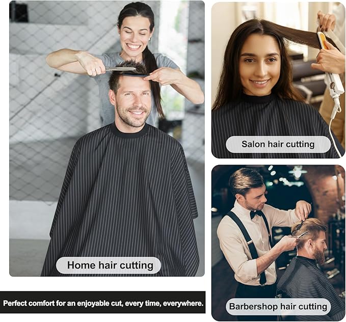 PERFEHAIR Pinstripe Barber Cape with Soft Silicon Neck Collar | Professional Hair Cutting Cape for Stylists & Adults | Hair & Water Repellent| Adjustable Snap Closure, 59" x 55", Black