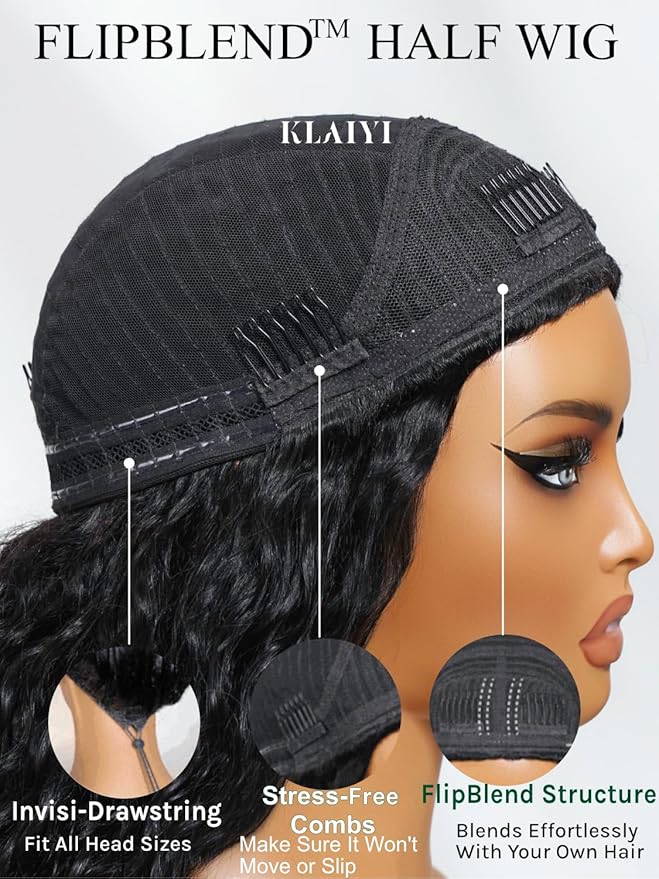KLAIYI Water Wave 3 In 1 Flip Over 3/4 Half Wig Human Hair Curly Flip Over Seamless Blend Edges Glueless Wear and Go Drawstring Headband Clip In Wigs for Women Ready to Go Wig Beginner Friendly 22Inch