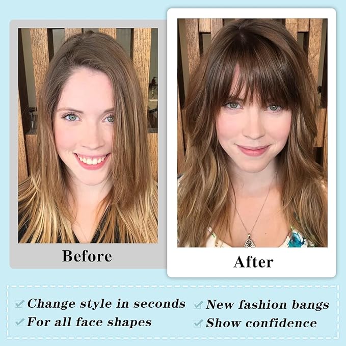 NAYOO Bangs Hair Clip - Brown Fake Bangs 100% Real Human Hair Extensions Wispy Bangs for Women Fringe with Temples Hairpieces Curved Bangs for Daily Wear(Brown, Wispy Bangs)