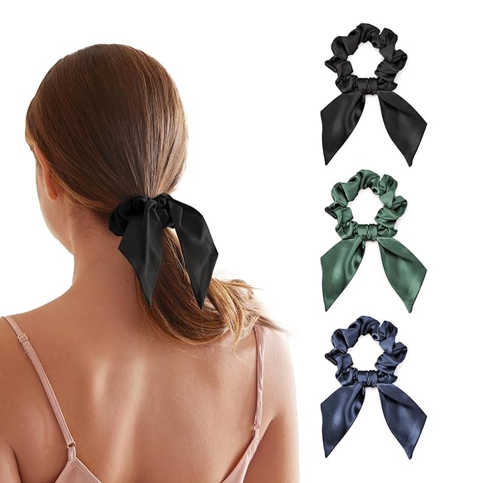THXSILK 100% Mulberry Silk Bow Scrunchies 3-Pack, 22 Momme Mulberry Silk Hair Ties for Women, Cute Bunny Ear No Damage Ponytail Holders, Fashion Hair Accessories for Girls(M, Dark Colors)