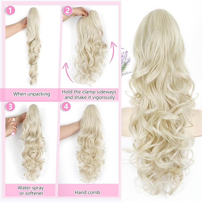 ALXNAN Ponytail Extension,24 Inch Claw Clip in Long Curly Wavy Platinum Blonde Ponytail Hair Extension Jaw Clip on Pony Tails Hairpiece for Women
