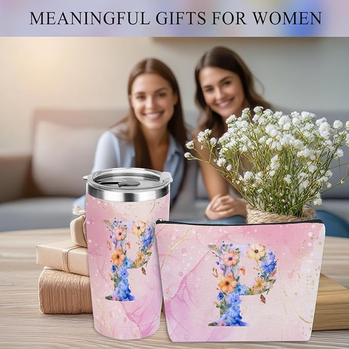 Personalized Gifts Monogrammed Birthday Gifts for Women, Mommy, Female Going Away Christmas, Initial 20 oz Tumbler, Makeup Cosmetic Bag Cup Pens Journal Notebook 6 Set, (Aesthetic Pink Flower P)