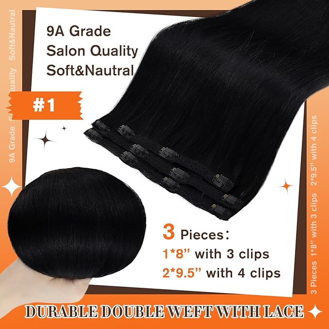 Full Shine Black 14 Inch Real Hair Clip in Extensions Human Hair Lace Weft Clip ins Hair Extension Natural Black Brazilian Silky Hair Clip in for Thin Hair 60 G 3 PCS
