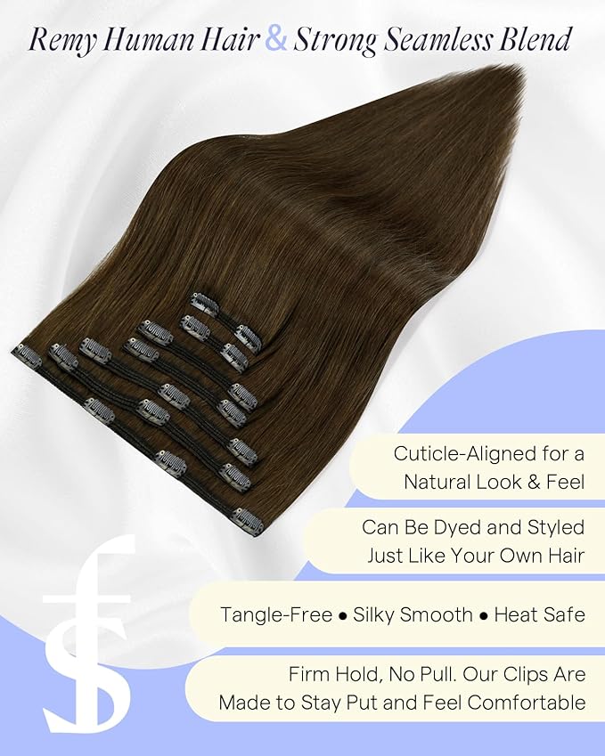 Full Shine Human Hair Extensions Clip ins Medium Brown 150 G Thick Clip in Extensions Chestnut Brown Human Hair Extensions for Thick Hair 20 Inch 7 Pcs