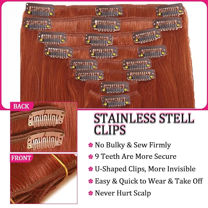 Kinky Straight Clip in Hair Extensions Human Hair Clip in Extensions 8Pcs 125g Double Weft Copper Hair Extensions Human Hair Full Head Invisible Edge Extensions（#350 24inch）