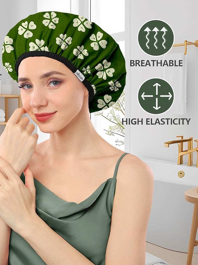 Years Calm Shower Caps For Women Reusable Waterproof，Pattern And Solid Color Dual-Layer Design For Dual-Layer Usable，Protects Hair In Shower, Spa, Cooking, Clean & Travel (Green, One Size)