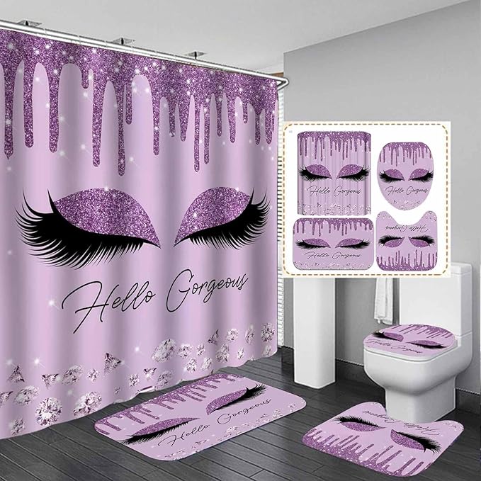 4PCS Purple Glitter Hello Gorgeous Shower Curtain Set, Glam Bling Diamond Rhinestones Gem Makeup Unicorn Eyelash Bathroom Decor, Waterproof Fabric Shower Curtain, Non-Slip Bath Mat Toilet Rug