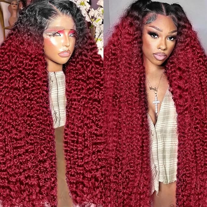 Burgundy Wig Human Hair Deep Wave 13x6 Lace Front Wigs Human Hair 250% density Pre Plucked 1B 99J Deep Wave Wigs Human Hair Wet and Wavy Curly Ombre Lace Frontal Wig Human Hair