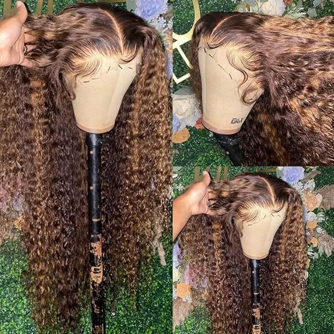 Bangjazz 13x4 Deep Wave Lace Front Wigs Highlight Ombre Human Hair 180% Density P4/27 Colored Glueless Curly Wigs for Black Women 18 Inch